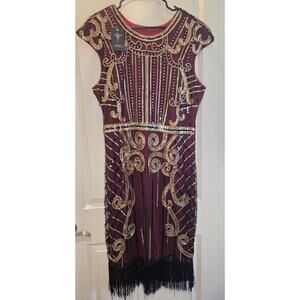 Vijiv Vintahe Dress Size XXL Gold Sequins Detail NWT Fringe Flapper Side Zipper